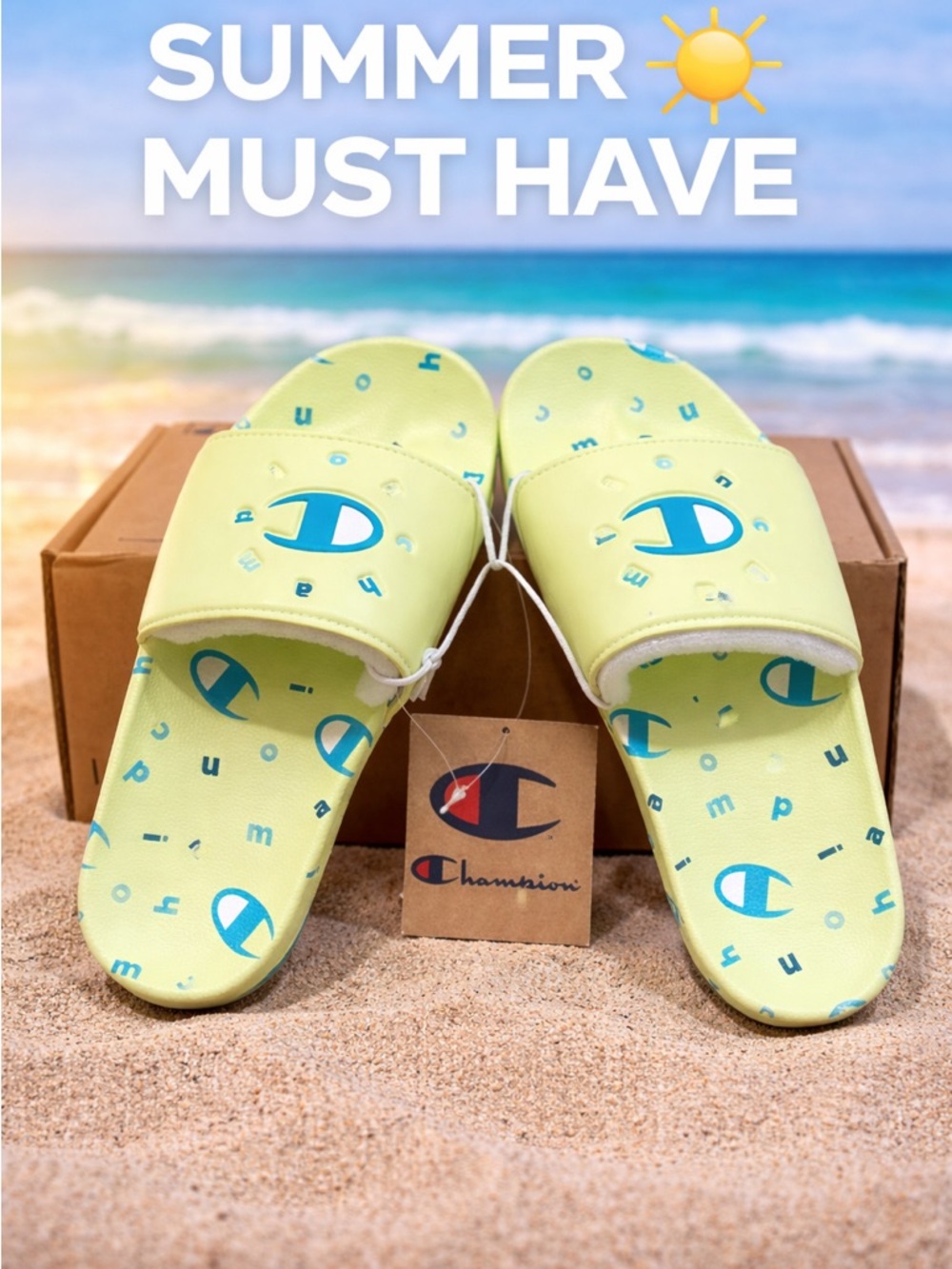 Champion Lime Green Slide Sandals Womens 6 Logo Summer New In Box Cute